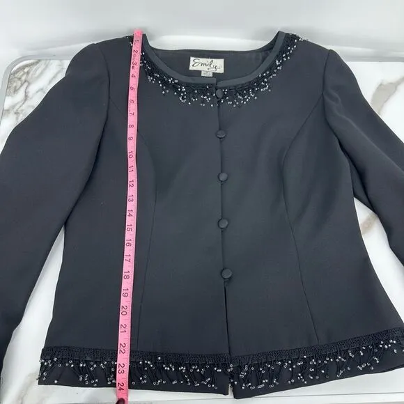 Vintage Emily Evening Jacket Beaded Fringe Size 14 Black Round Neck Quilt Luxury