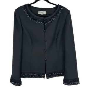 Vintage Emily Evening Jacket Beaded Fringe Size 14 Black Round Neck Quilt Luxury