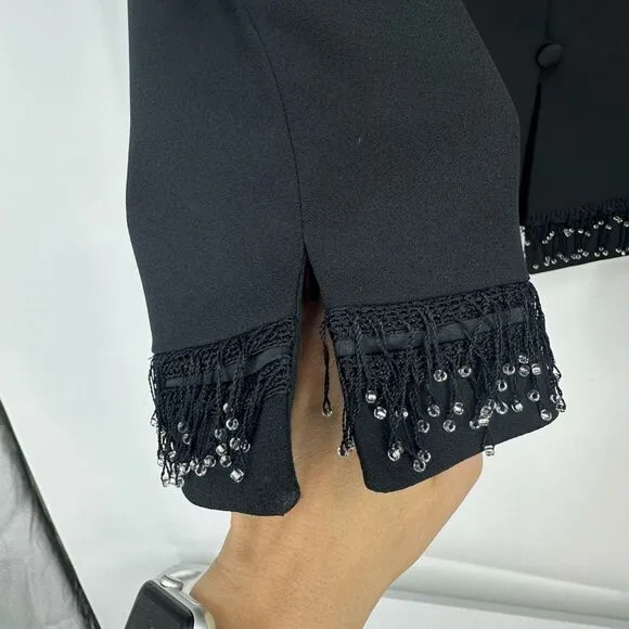 Vintage Emily Evening Jacket Beaded Fringe Size 14 Black Round Neck Quilt Luxury