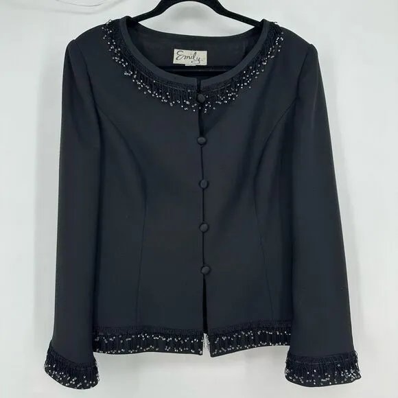 Vintage Emily Evening Jacket Beaded Fringe Size 14 Black Round Neck Quilt Luxury