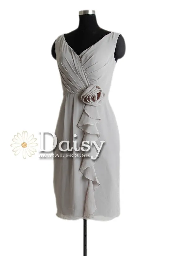 Vintage Gray Chiffon Dress Short Bridesmaid Dress W/V Neckline(BM266)