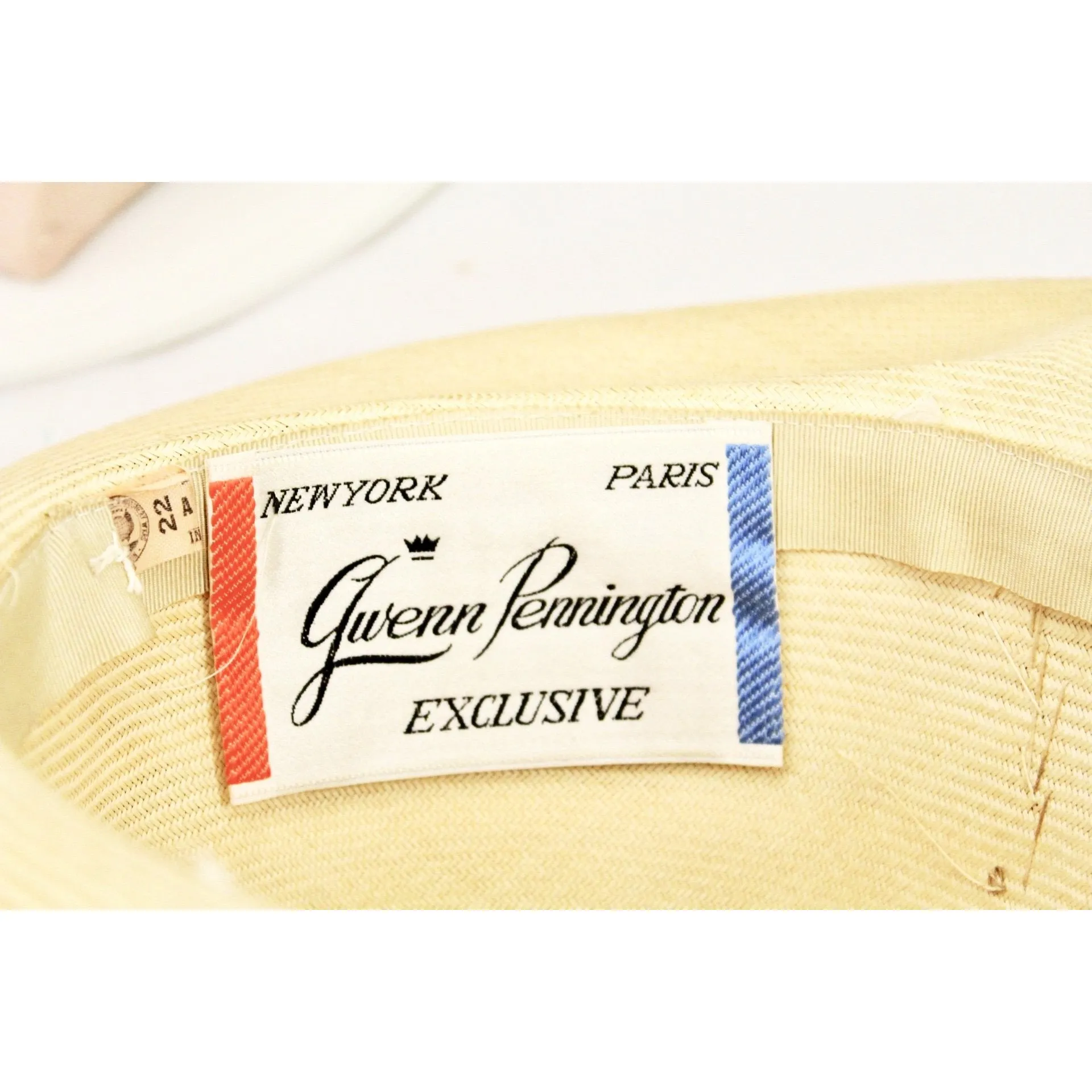 Vintage Gwenn Pennington Exclusive Wide Brim Straw Hat Awning Stripe Ribbon Church 1960s