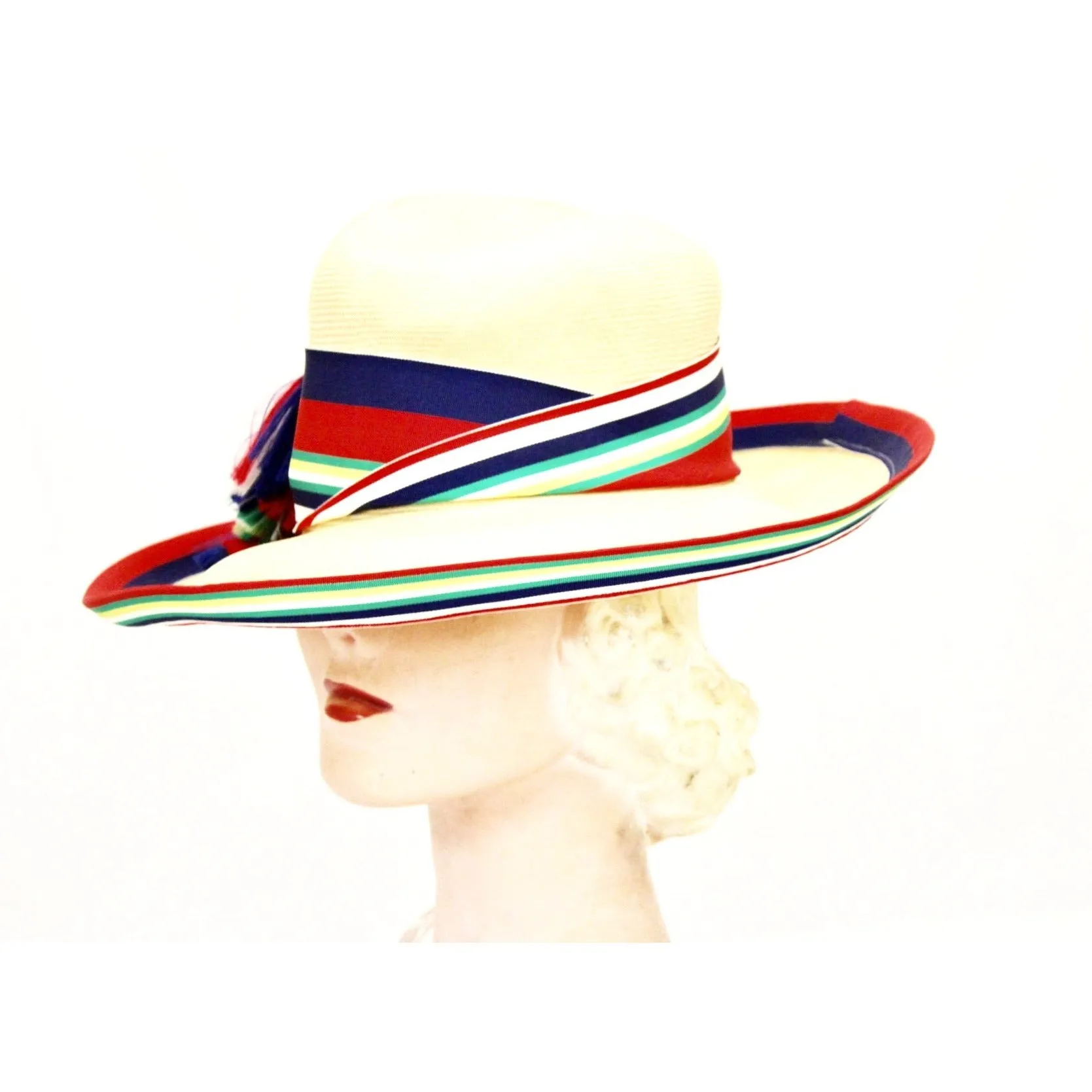 Vintage Gwenn Pennington Exclusive Wide Brim Straw Hat Awning Stripe Ribbon Church 1960s
