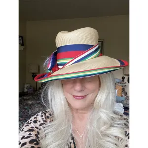 Vintage Gwenn Pennington Exclusive Wide Brim Straw Hat Awning Stripe Ribbon Church 1960s