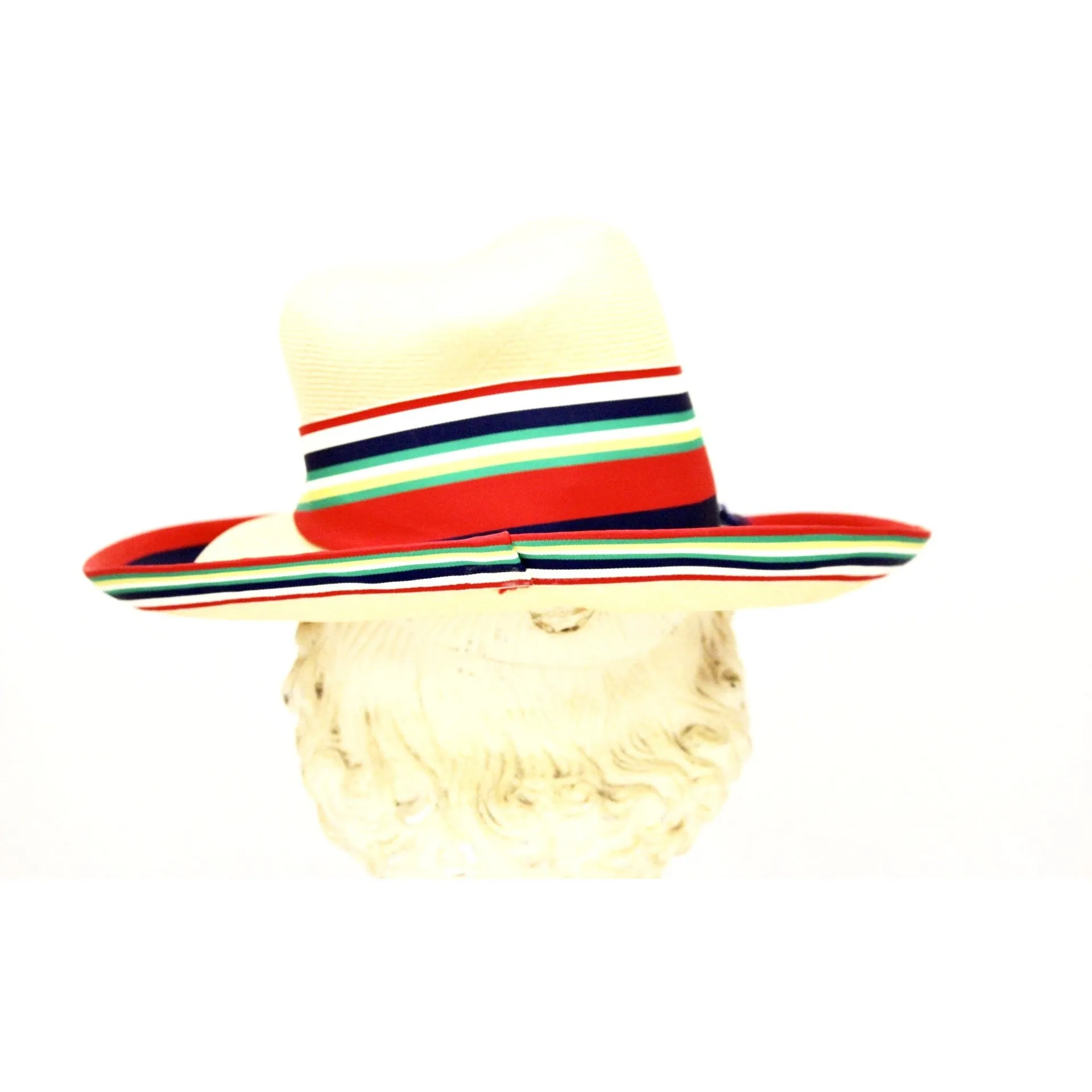 Vintage Gwenn Pennington Exclusive Wide Brim Straw Hat Awning Stripe Ribbon Church 1960s