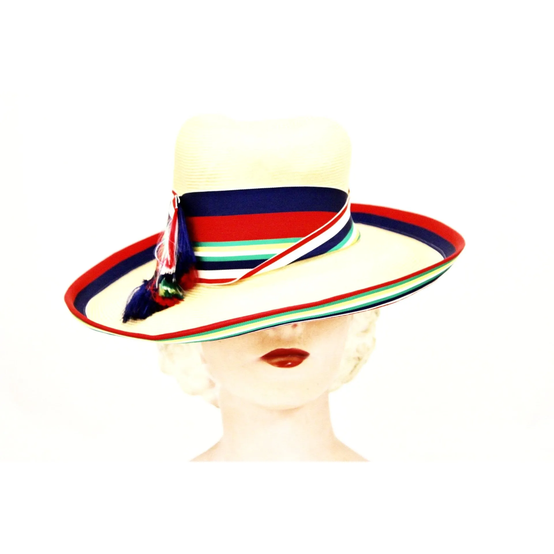 Vintage Gwenn Pennington Exclusive Wide Brim Straw Hat Awning Stripe Ribbon Church 1960s