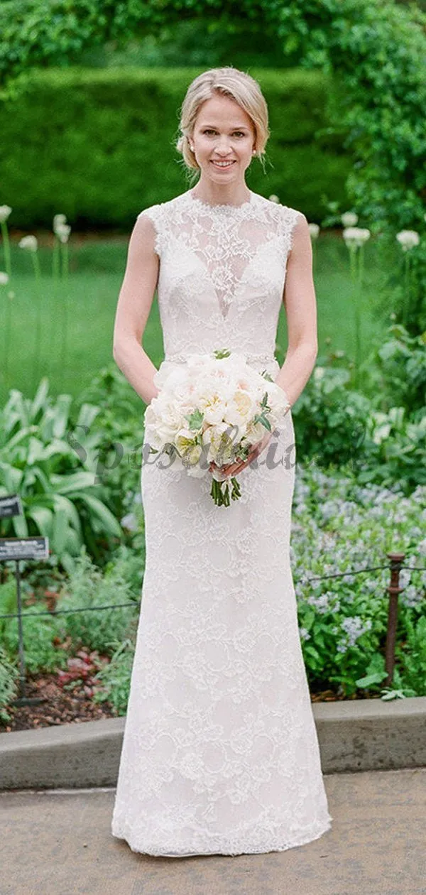 Vintage Lace Cap Sleeve See Through Neckline Sheath Wedding Dresses WD369