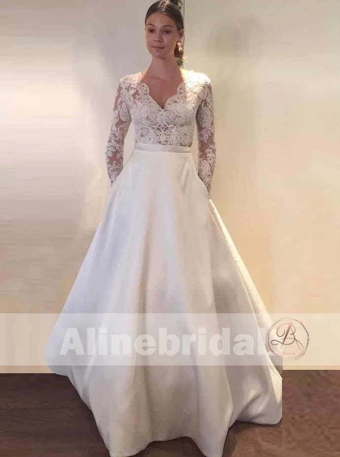 Vintage Lace Top Ivory Satin Long Sleeves Wedding Dresses With Pockets, AB1151