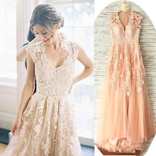 Vintage Lace V Neck Cap Sleeve Blush Wedding Gowns,Blush Lace Prom Dress