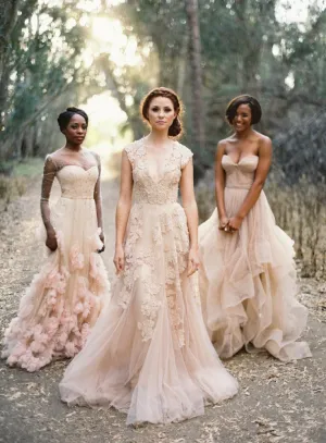 Vintage Lace V Neck Cap Sleeve Blush Wedding Gowns,Blush Lace Prom Dress
