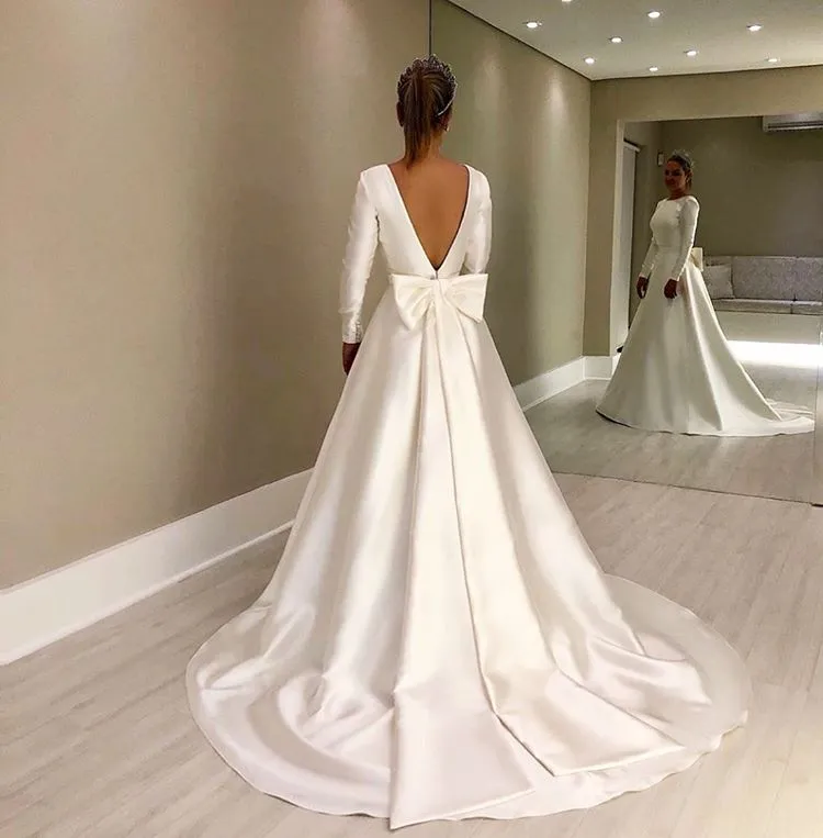 Vintage Long Sleeves Ivory Backless Simple Style Wedding Dress With Bowknot OKD96