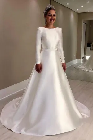 Vintage Long Sleeves Ivory Backless Simple Style Wedding Dress With Bowknot OKD96