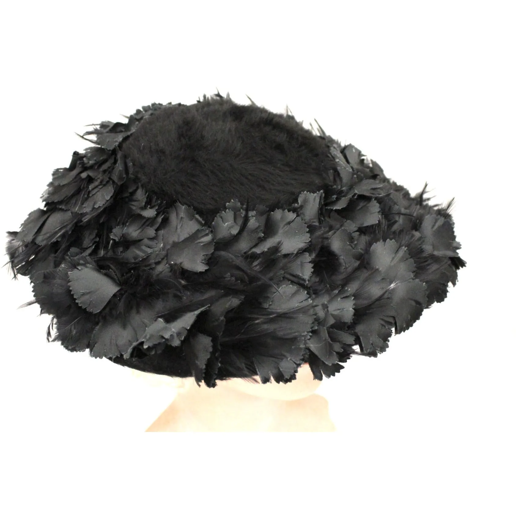 Vintage Lucila Mendez Exclusive Black Feather Saucer Hat 1950s Stunning Marvelous Maisel Church