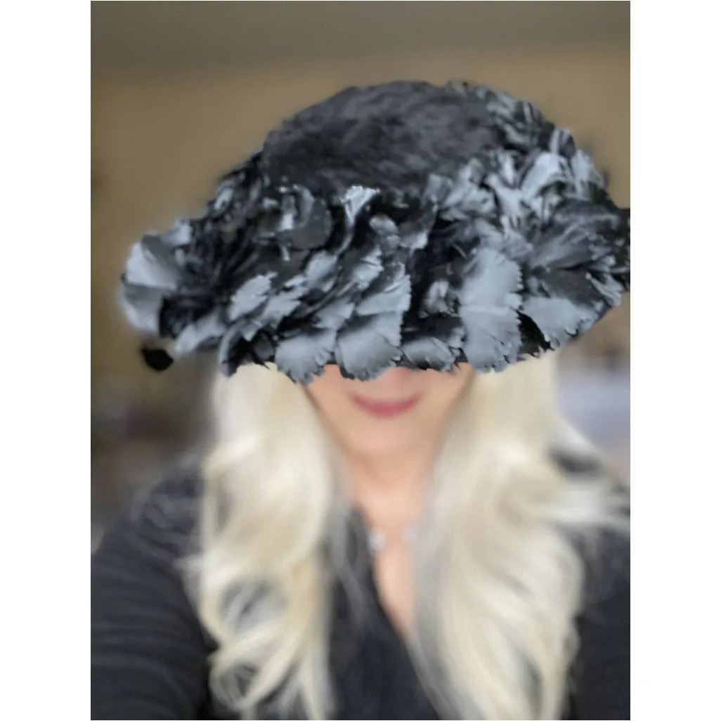 Vintage Lucila Mendez Exclusive Black Feather Saucer Hat 1950s Stunning Marvelous Maisel Church
