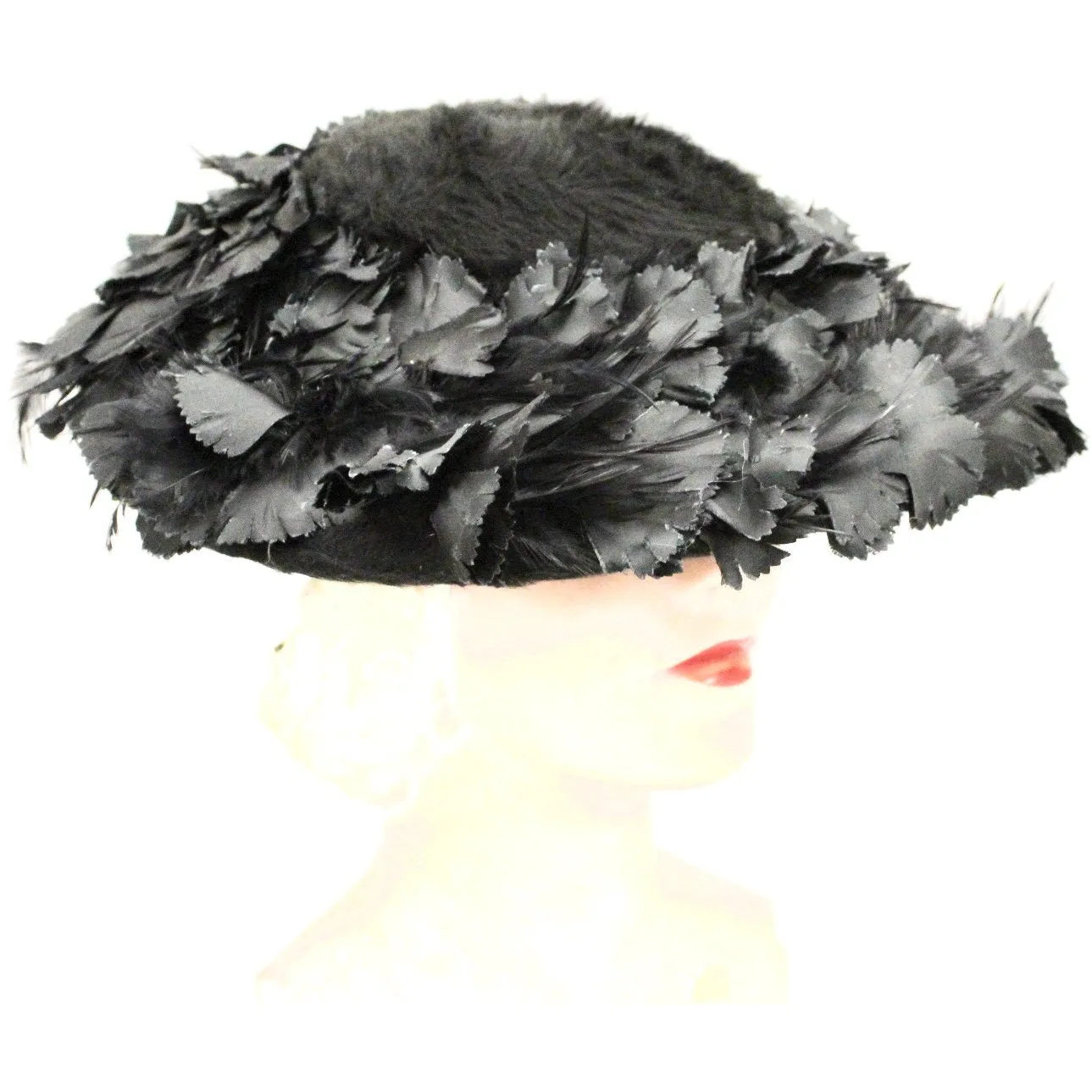 Vintage Lucila Mendez Exclusive Black Feather Saucer Hat 1950s Stunning Marvelous Maisel Church