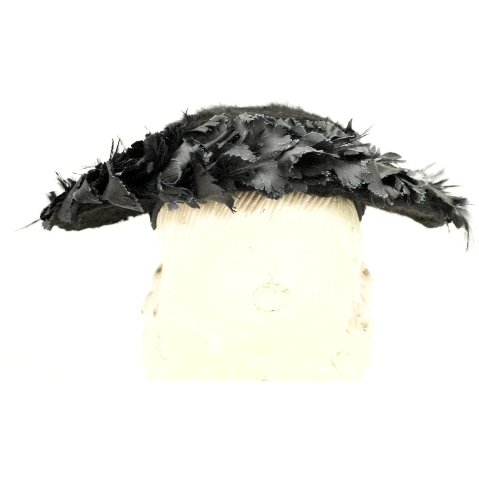 Vintage Lucila Mendez Exclusive Black Feather Saucer Hat 1950s Stunning Marvelous Maisel Church