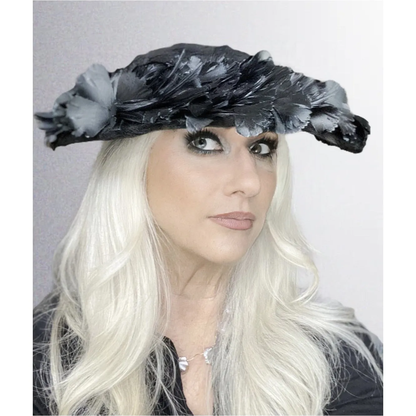 Vintage Lucila Mendez Exclusive Black Feather Saucer Hat 1950s Stunning Marvelous Maisel Church