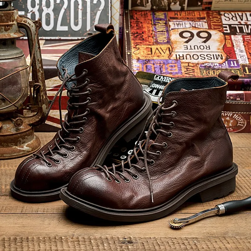 Vintage Motorcycle Leather Boots Men