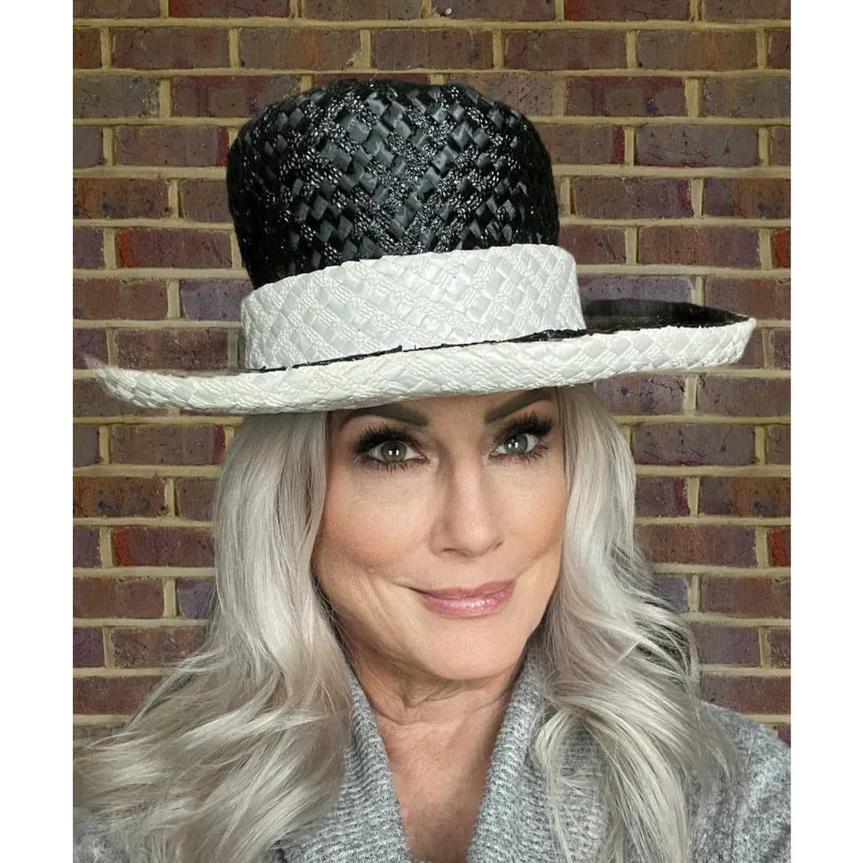 Vintage Mr. John Jr Wide Brimmed Tall Hat Black/ White Straw Church Derby