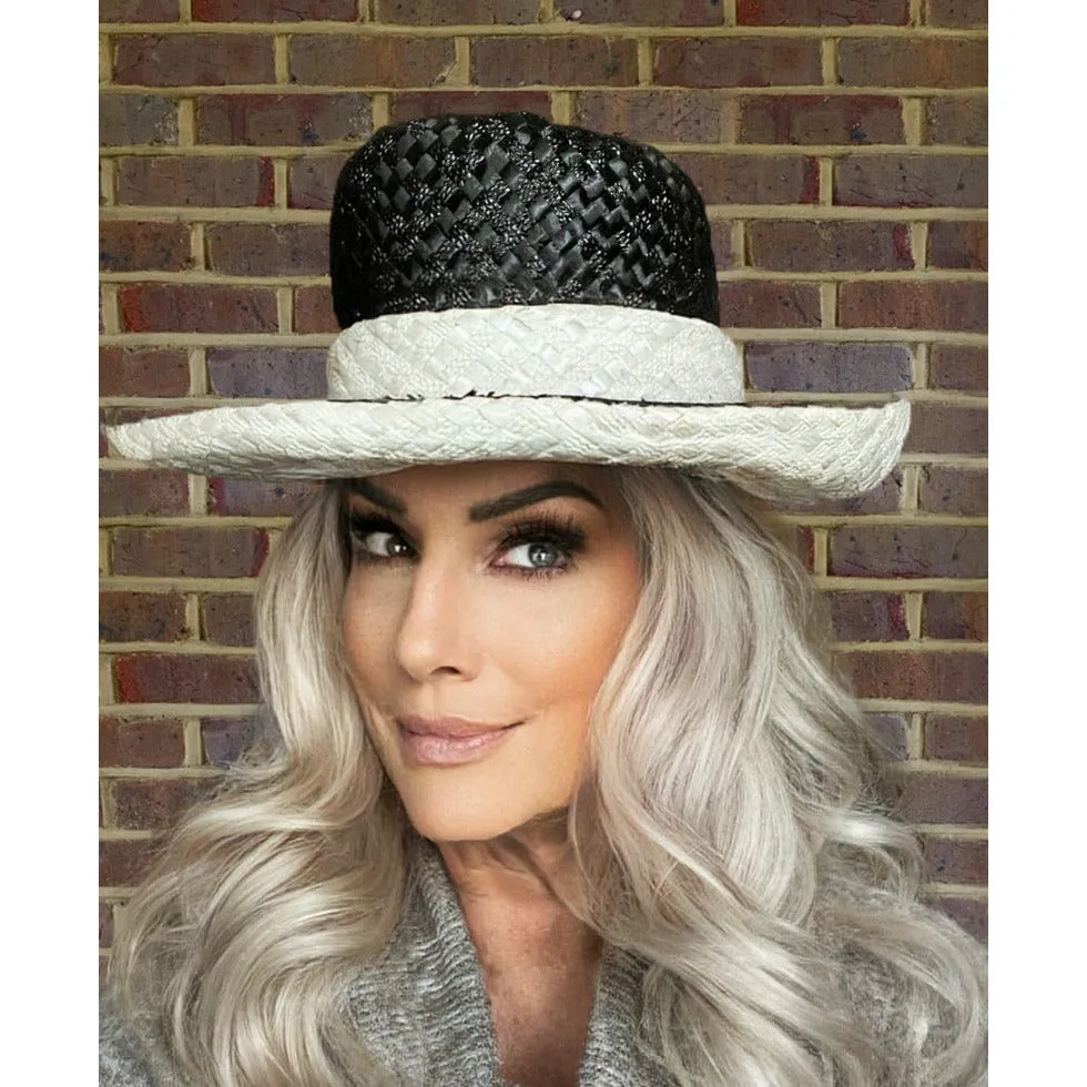 Vintage Mr. John Jr Wide Brimmed Tall Hat Black/ White Straw Church Derby