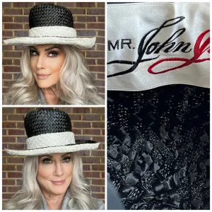 Vintage Mr. John Jr Wide Brimmed Tall Hat Black/ White Straw Church Derby
