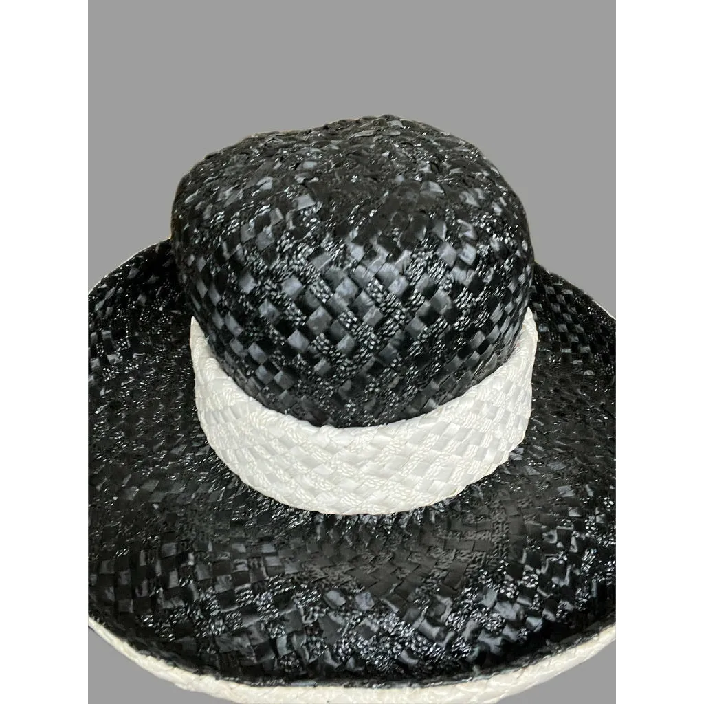 Vintage Mr. John Jr Wide Brimmed Tall Hat Black/ White Straw Church Derby