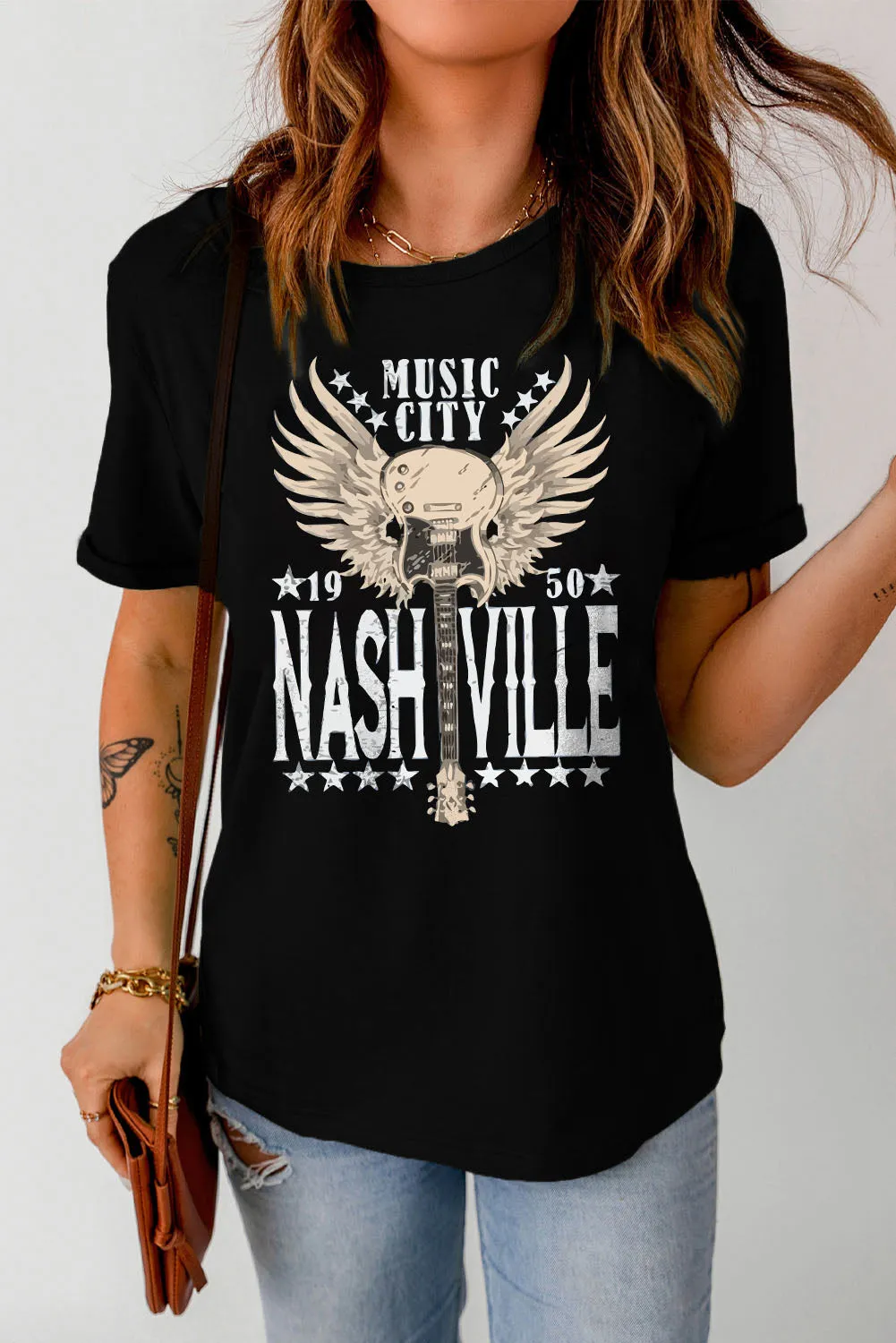 Vintage Music City Graphic Print T Shirt