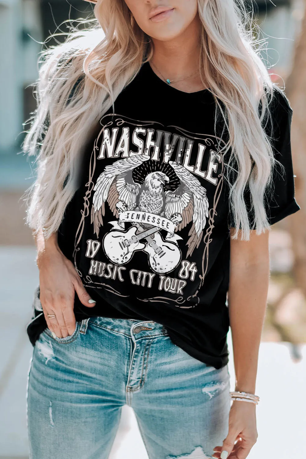 Vintage Music City Graphic Print T Shirt