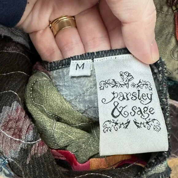 Vintage Parsley &amp; Sage Jacket Womens M Gray Green‎ Cotton Floral Patchwork Boho