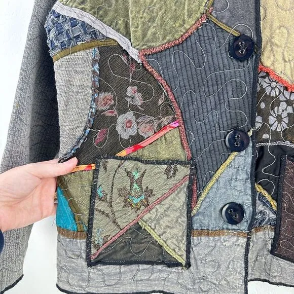 Vintage Parsley &amp; Sage Jacket Womens M Gray Green‎ Cotton Floral Patchwork Boho