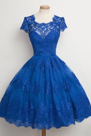 Vintage Scalloped-Edge Cap Sleeves Lace Blue Short Prom Cocktail Party Dress OK327