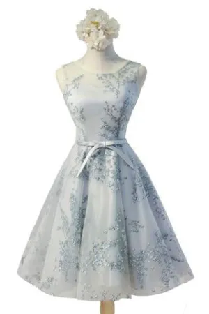 Vintage Sleeveless Round Neck Bow Sash Tulle  Homecoming Dresses OK345