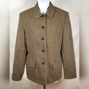 Vintage TALBOTS Tan and Brown Houndstooth Wool Blazer - Size 6