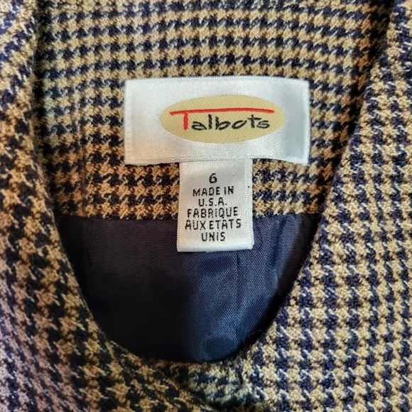 Vintage TALBOTS Tan and Brown Houndstooth Wool Blazer - Size 6