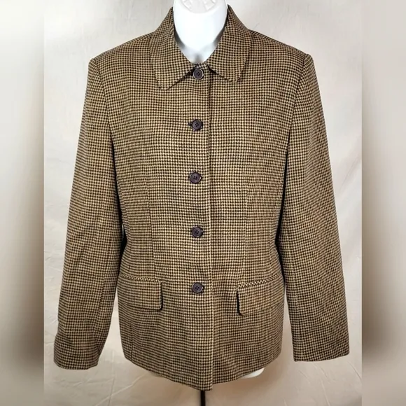 Vintage TALBOTS Tan and Brown Houndstooth Wool Blazer - Size 6