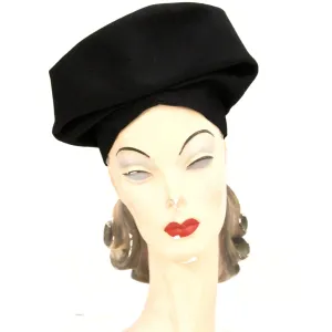 Vintage Tricorn Turban Dramatic 1940s Womens  Hat Black Felt 20 3/4" head small