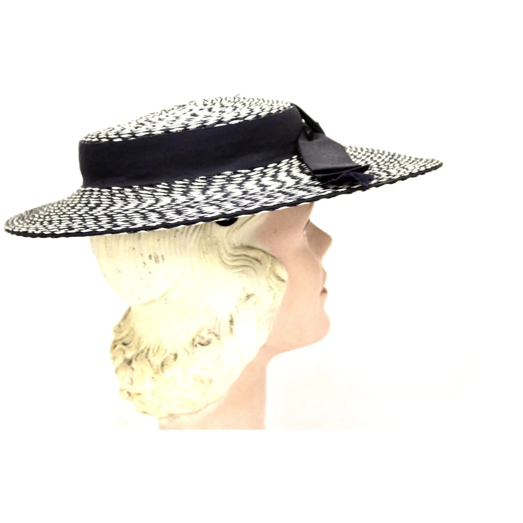 Vintage Wide Brim Straw Hat 1950s Navy & White Saucer Hat Mid Century O/S 14" Church