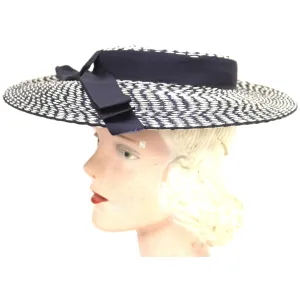 Vintage Wide Brim Straw Hat 1950s Navy & White Saucer Hat Mid Century O/S 14" Church
