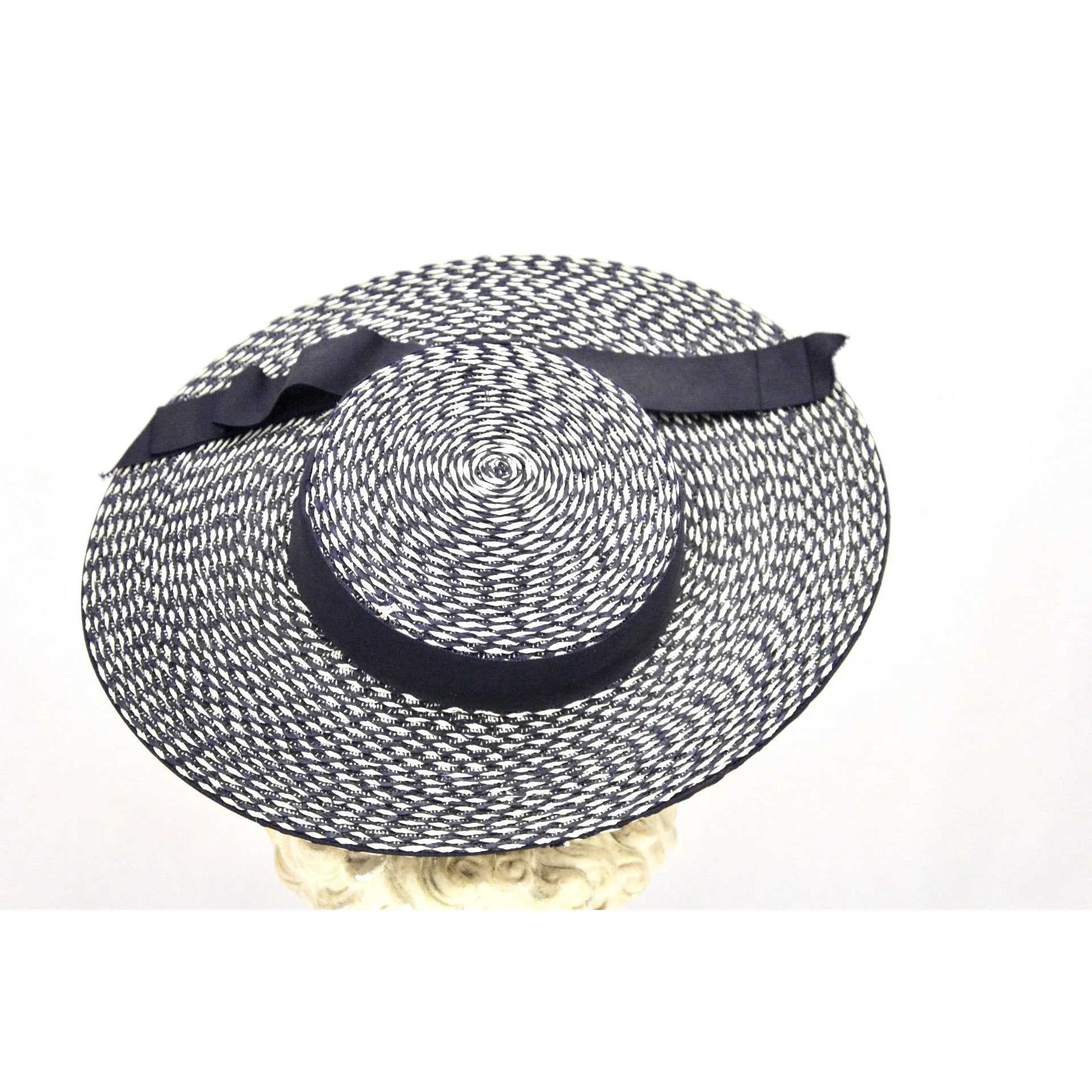 Vintage Wide Brim Straw Hat 1950s Navy & White Saucer Hat Mid Century O/S 14" Church