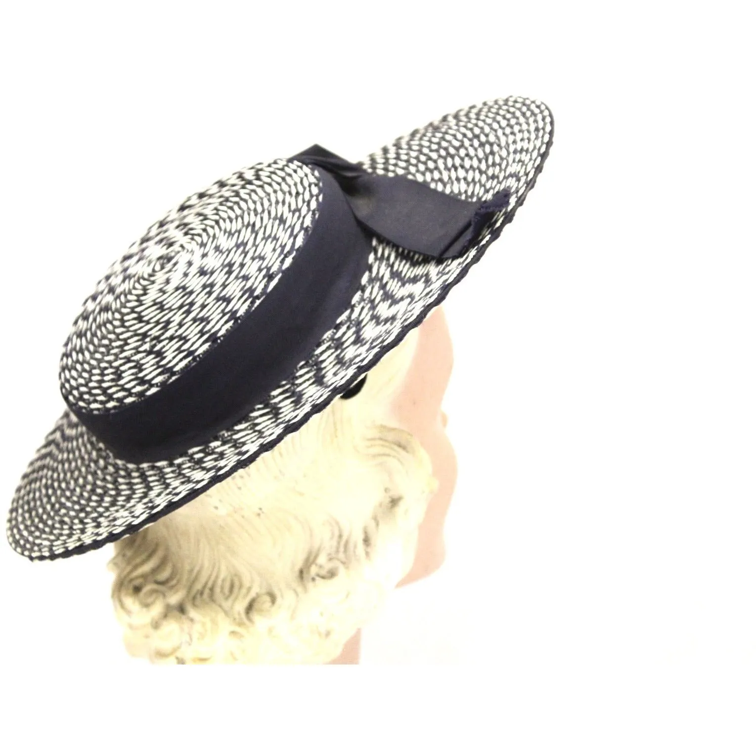 Vintage Wide Brim Straw Hat 1950s Navy & White Saucer Hat Mid Century O/S 14" Church