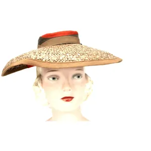 Vintage Wide Brimmed Straw Hat 1940s Brown New York Creation WW2 Guernsey Pie