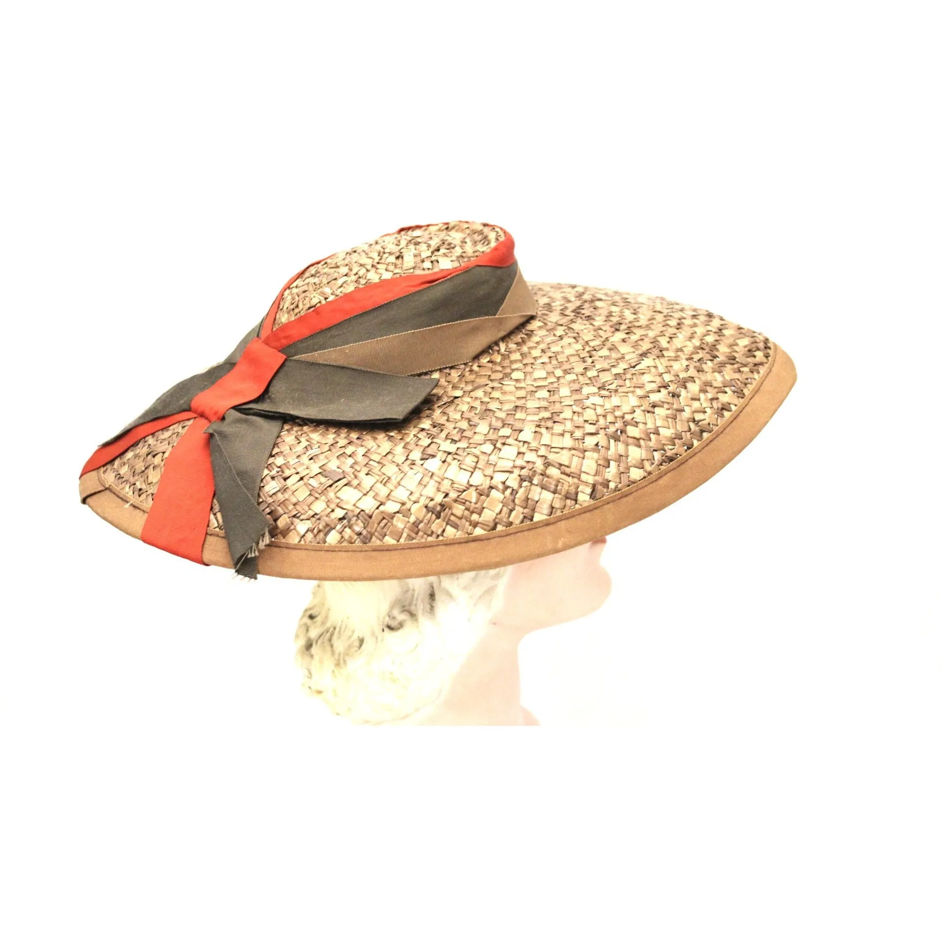 Vintage Wide Brimmed Straw Hat 1940s Brown New York Creation WW2 Guernsey Pie
