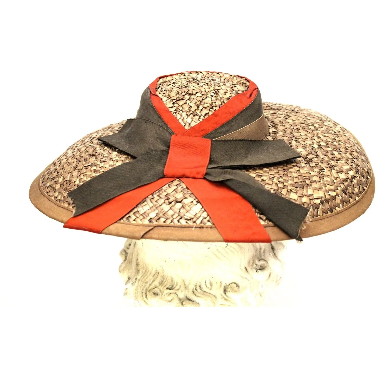 Vintage Wide Brimmed Straw Hat 1940s Brown New York Creation WW2 Guernsey Pie