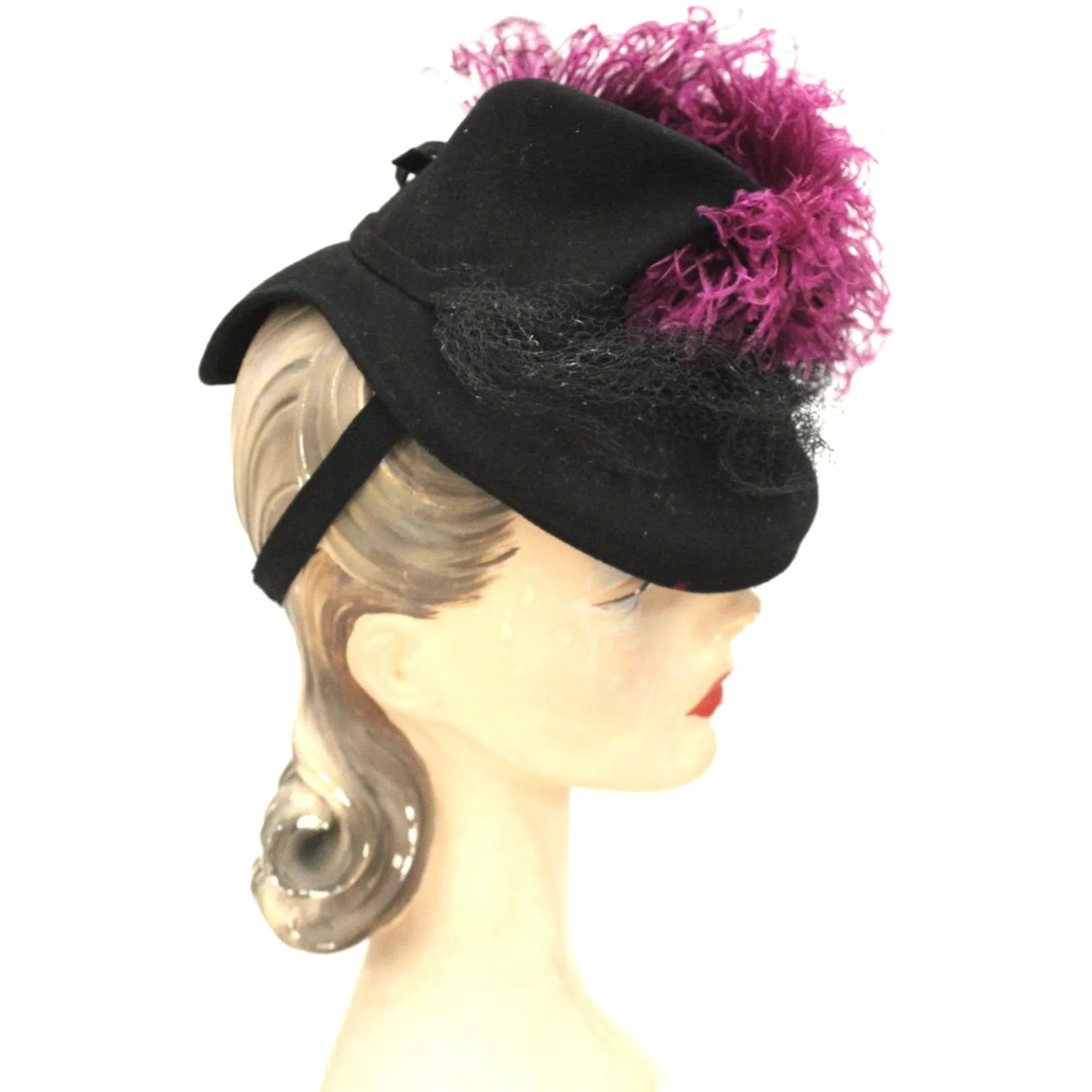 Vintage Womens 1930s Hat Fascinator Bonnet Hat Black Magenta Feather O/S Doll Hat New York Creation