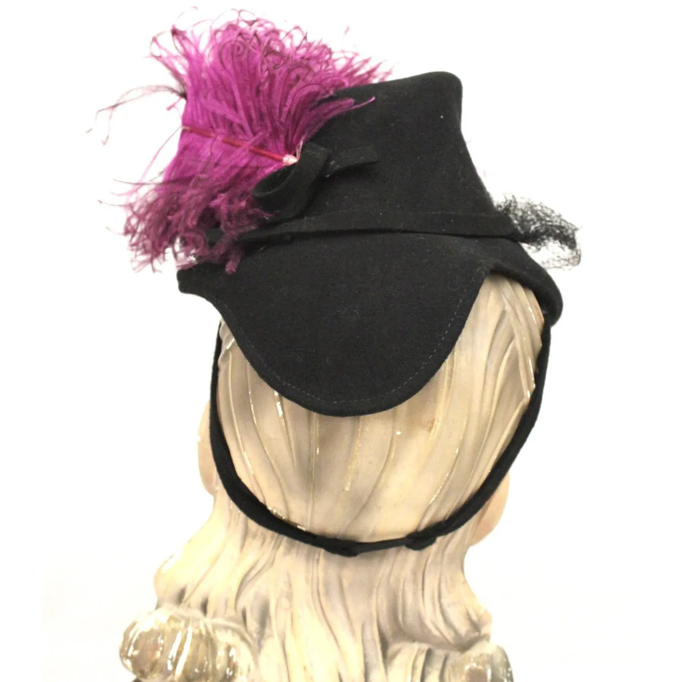 Vintage Womens 1930s Hat Fascinator Bonnet Hat Black Magenta Feather O/S Doll Hat New York Creation