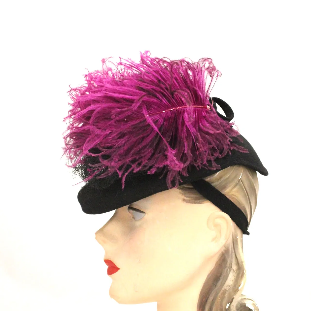 Vintage Womens 1930s Hat Fascinator Bonnet Hat Black Magenta Feather O/S Doll Hat New York Creation