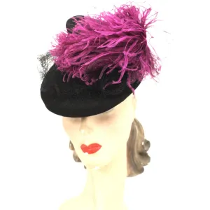 Vintage Womens 1930s Hat Fascinator Bonnet Hat Black Magenta Feather O/S Doll Hat New York Creation