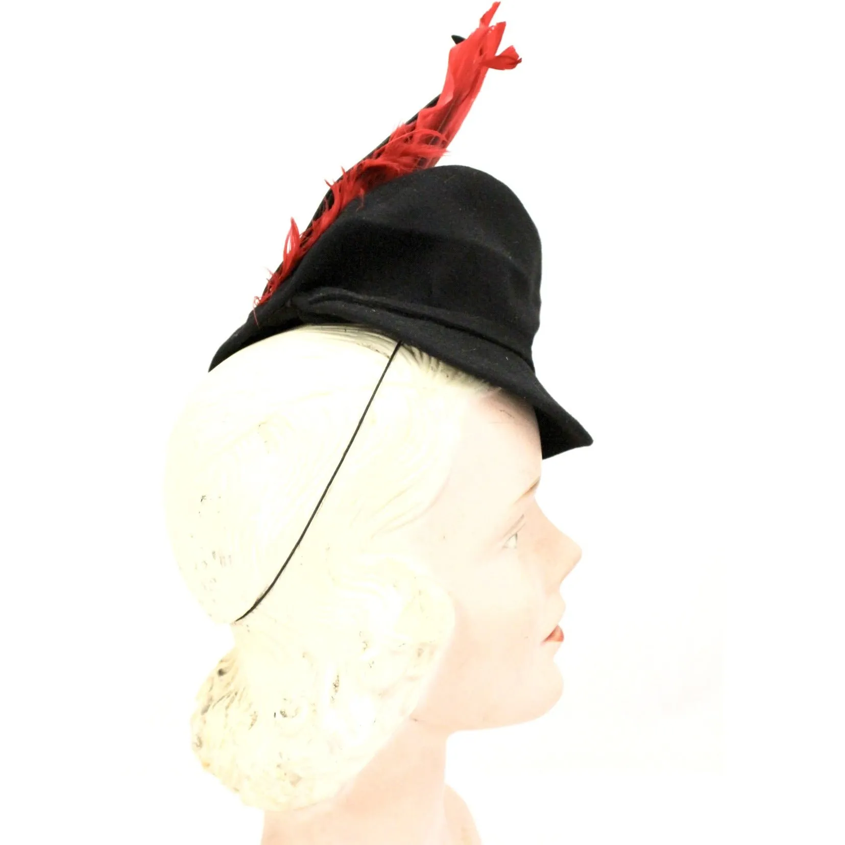 Vintage Womens Doll Hat 1930s Black Felt Fascinator Red Feather Accent WW2