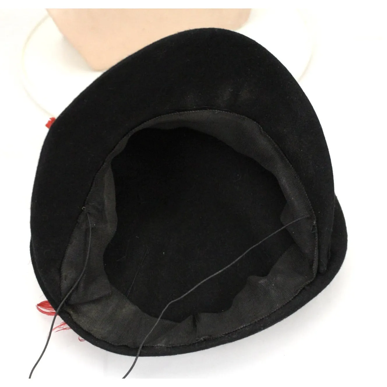 Vintage Womens Doll Hat 1930s Black Felt Fascinator Red Feather Accent WW2