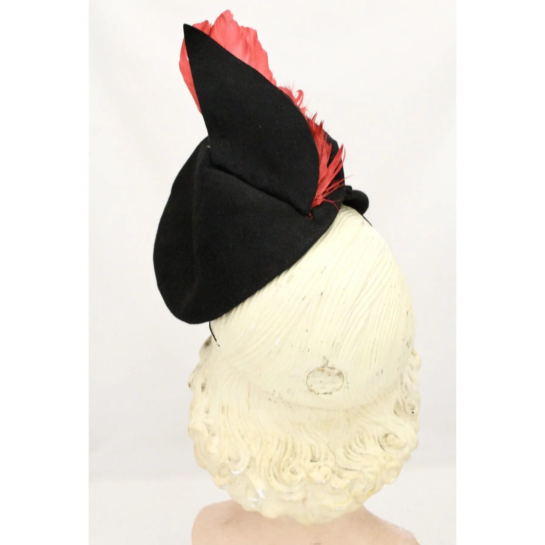 Vintage Womens Doll Hat 1930s Black Felt Fascinator Red Feather Accent WW2